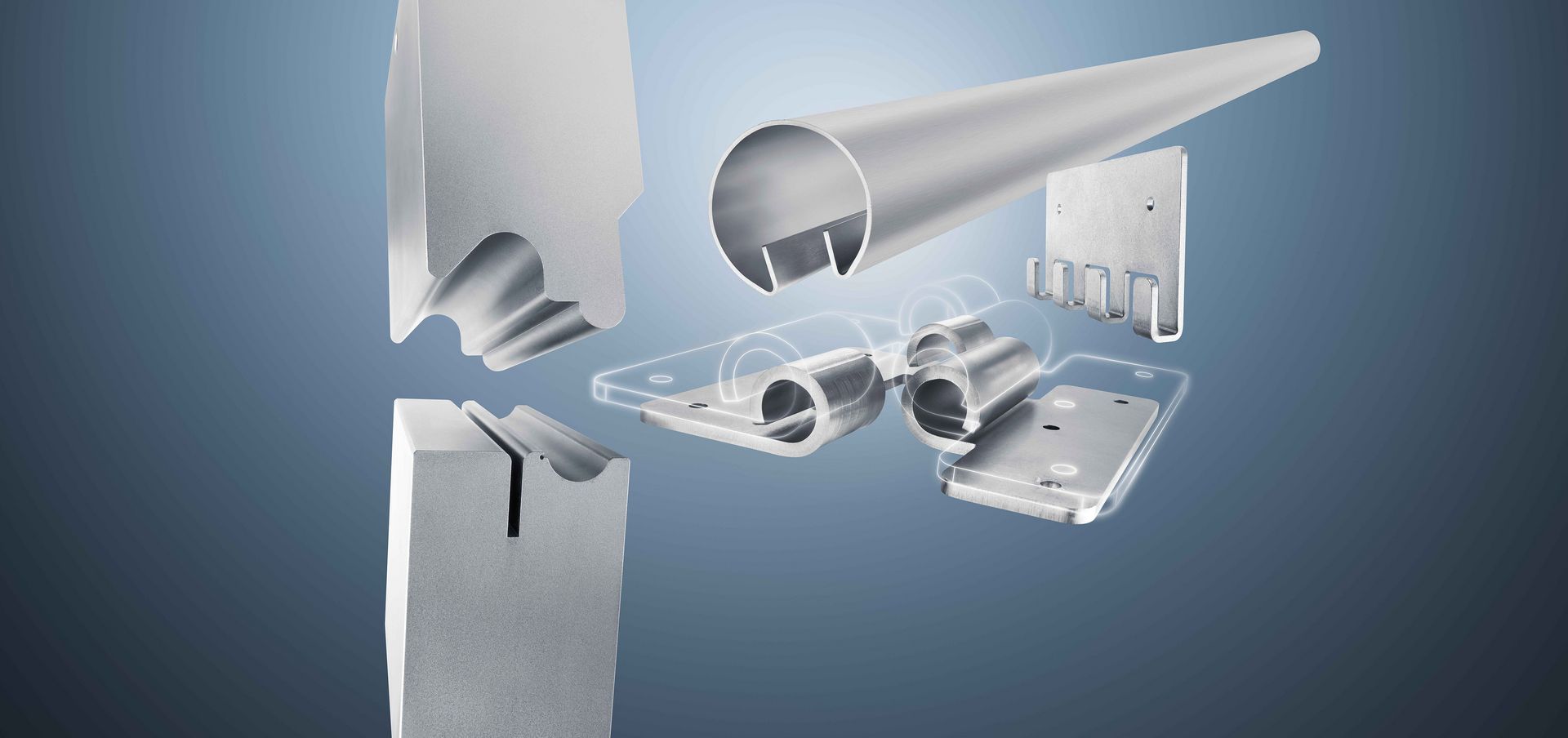 3D-Darstellung von Metallbiegematrizen und Werkzeugen für die Blechbearbeitung vor einem blau-grünen Hintergrund