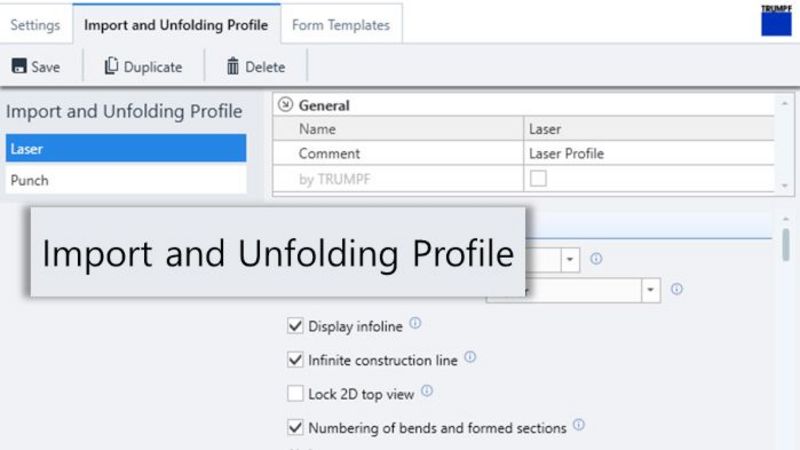 TruTops Boost V14, Screenshot Import- und Abwicklungsprofile