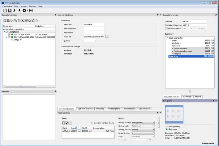 TruTops Calculate, Kostenberechnungen