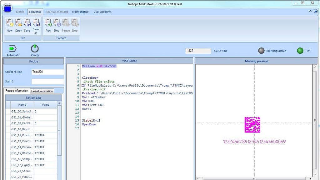 Module interface of the TruTops Mark software