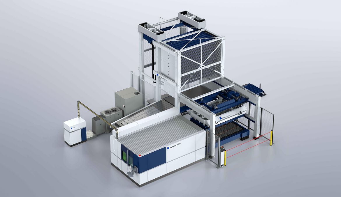 配备紧凑型同步自动上下料单元 LiftMaster Compact 和料库系统 TruStore 3030 的激光切割机 TruLaser 5030 fiber