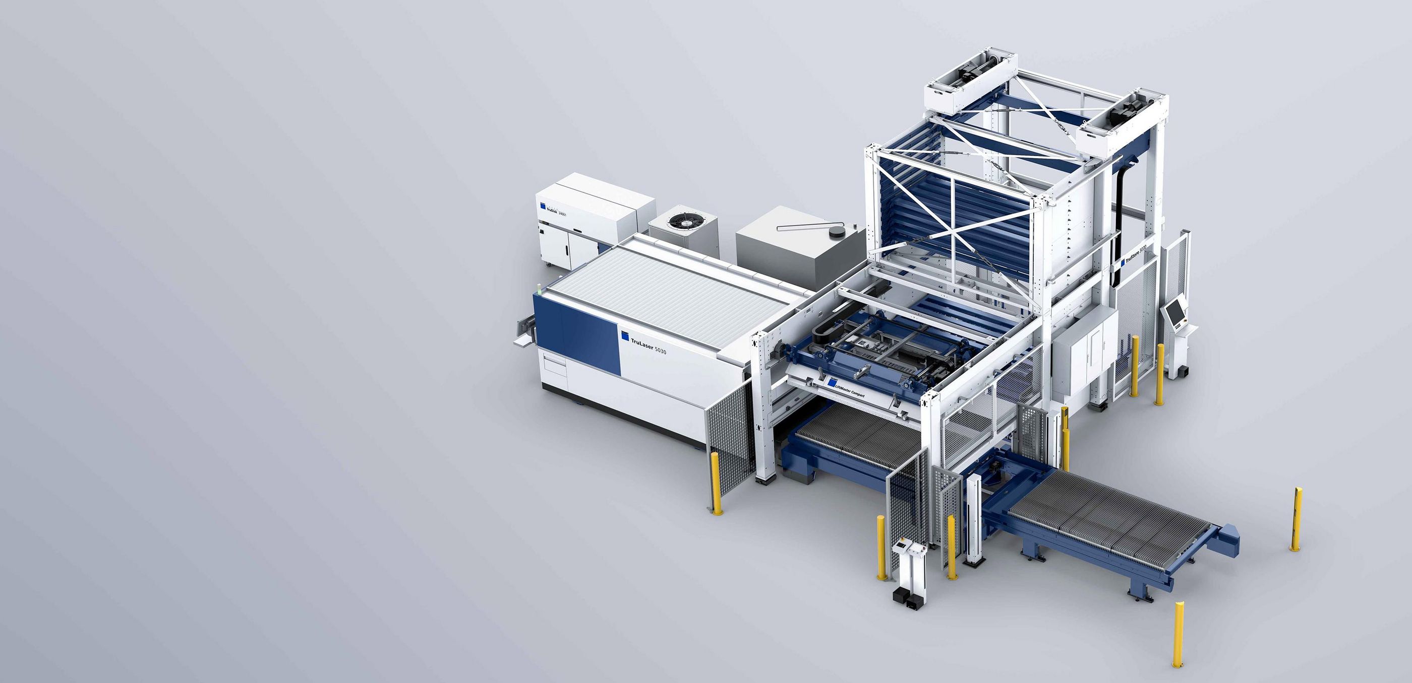 带有第三个托盘站的二维激光加工机床 3D 图